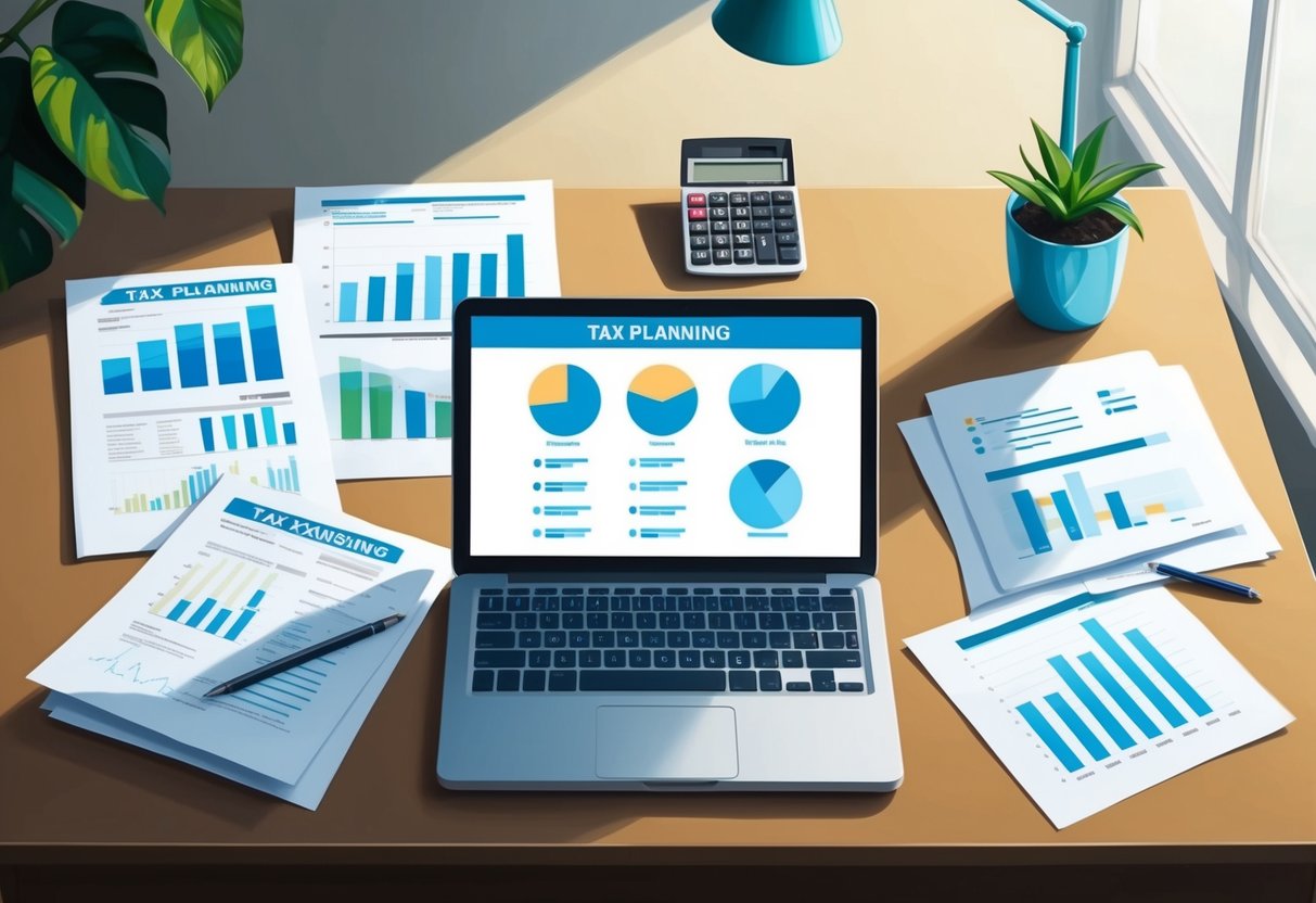A desk with financial documents and charts, a calculator, and a laptop displaying tax planning software
