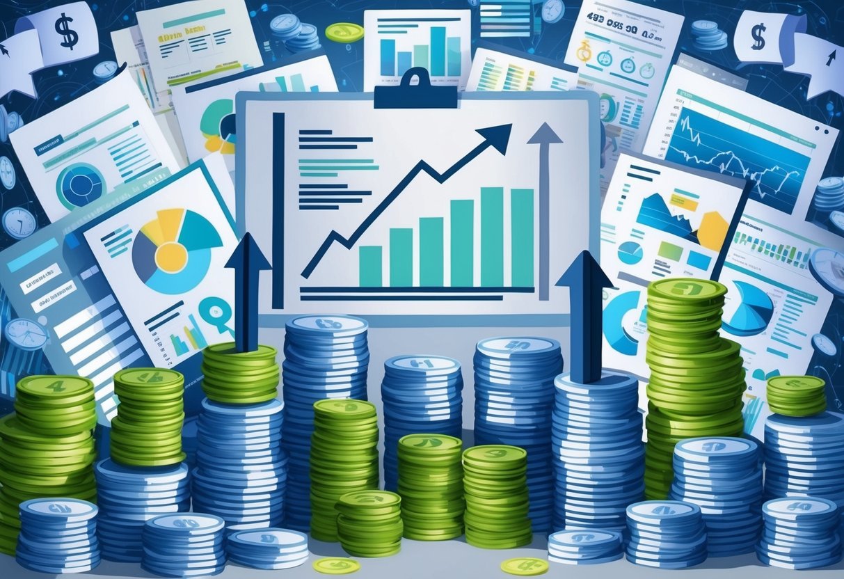 A diverse array of financial documents and charts, surrounded by stacks of money and investment assets, with arrows pointing upwards to symbolize growth