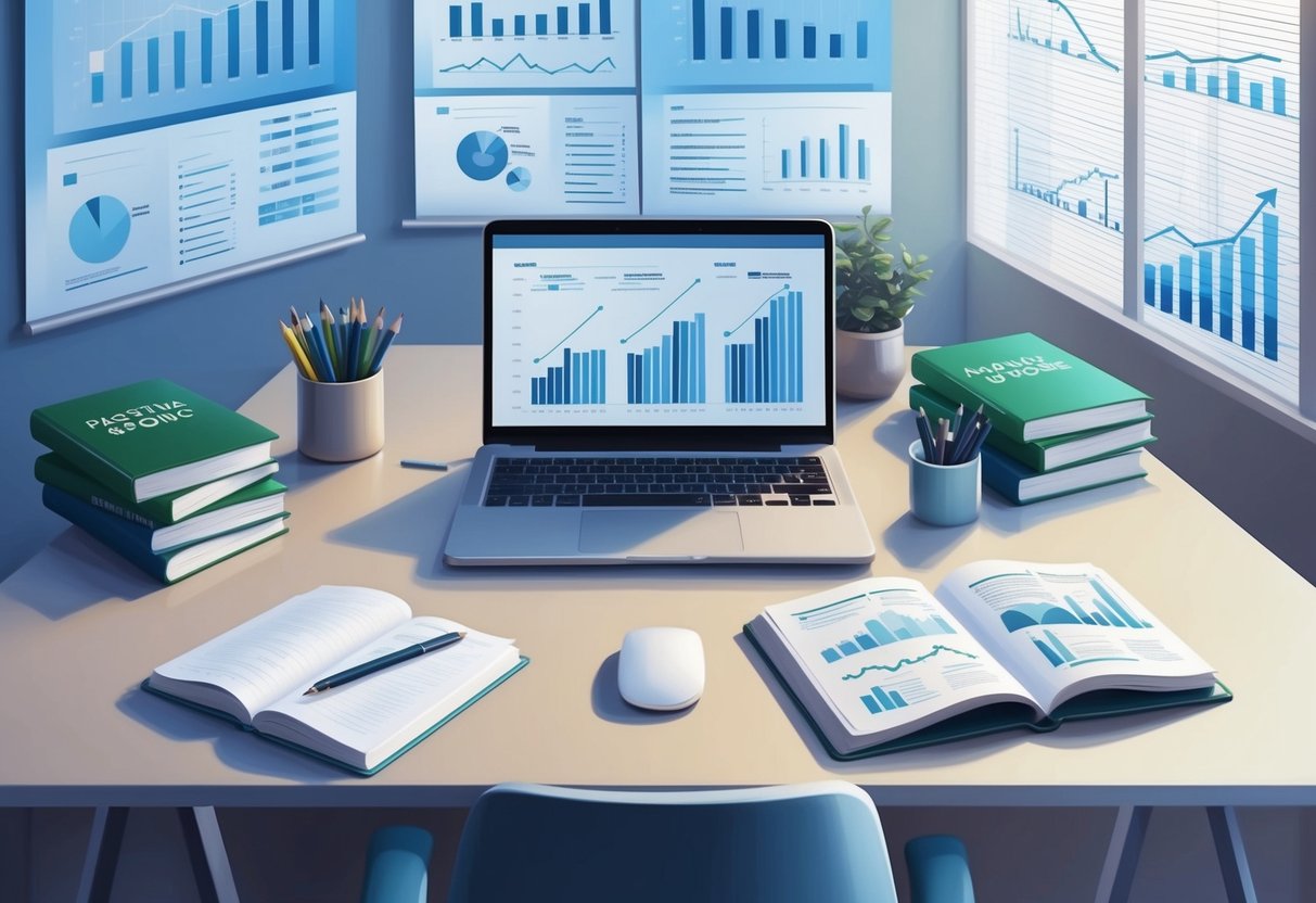 A serene, modern office space with a desk adorned with financial charts and graphs. A laptop and notebook sit open, surrounded by books on passive income and investment strategies