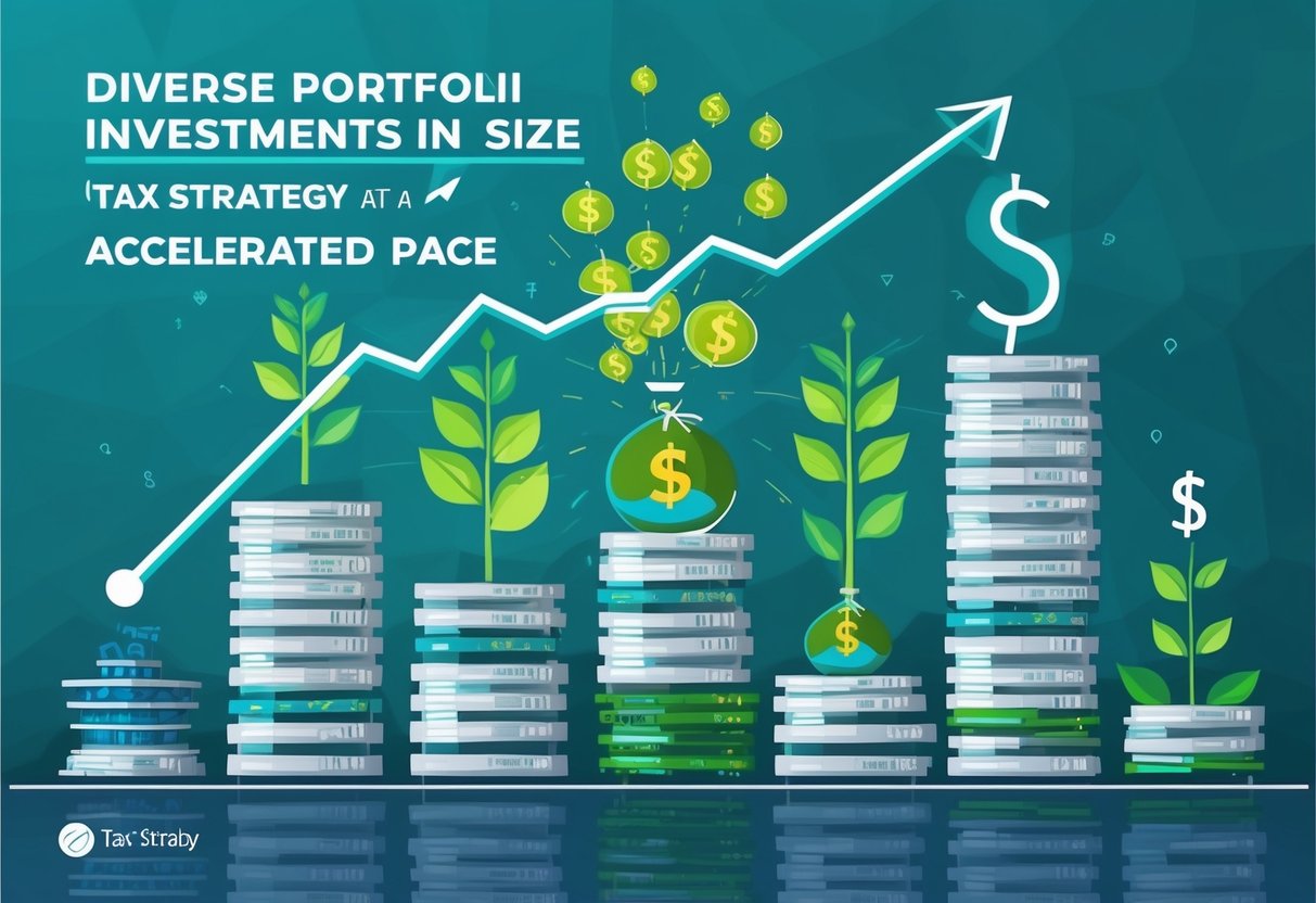 A diverse portfolio of investments growing in size with a tax strategy overlay, generating passive income at an accelerated pace