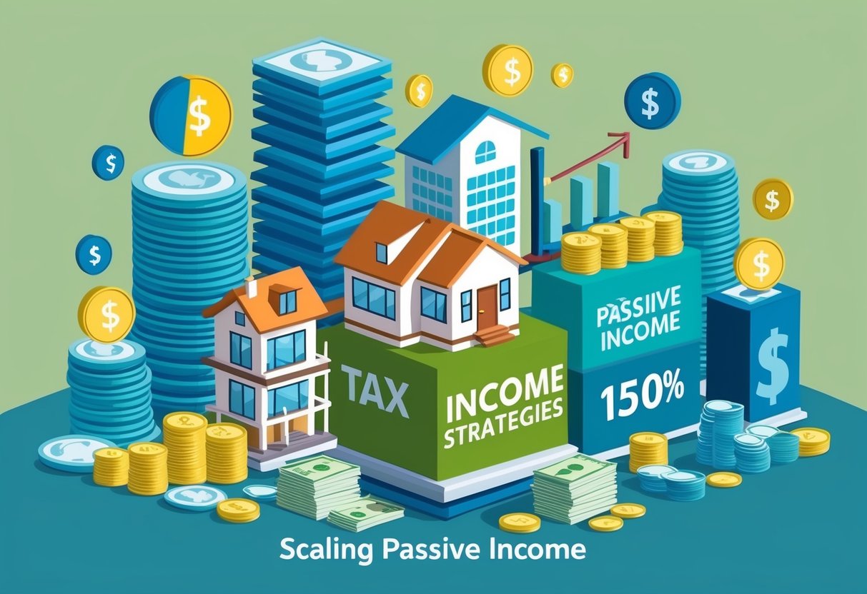 A diverse array of income sources, including investments, real estate, and business ownership, are depicted alongside various tax strategies to illustrate the concept of scaling passive income