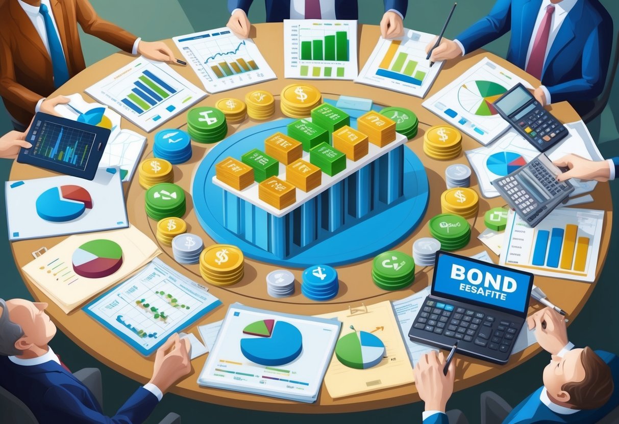 A diverse array of investment options, such as stocks, real estate, and bonds, are laid out on a table, surrounded by charts and graphs showing potential growth