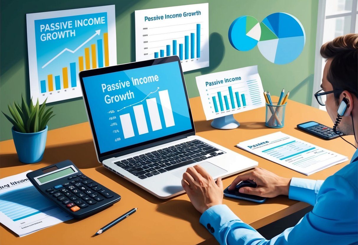 A desk with a laptop, calculator, and tax forms. Charts and graphs showing passive income growth. A person on the phone with a tax professional