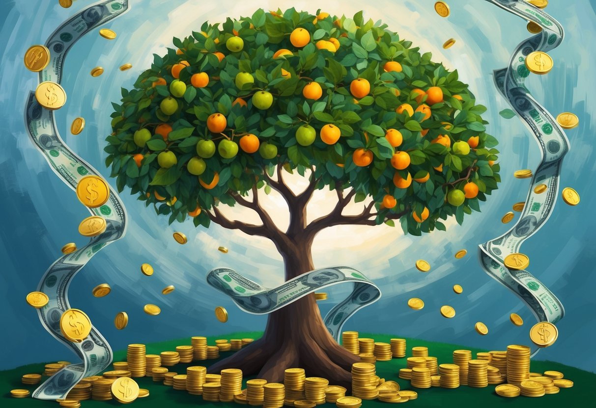 A tree with multiple branches bearing various fruits, surrounded by flowing streams of income in the form of coins, stocks, and real estate