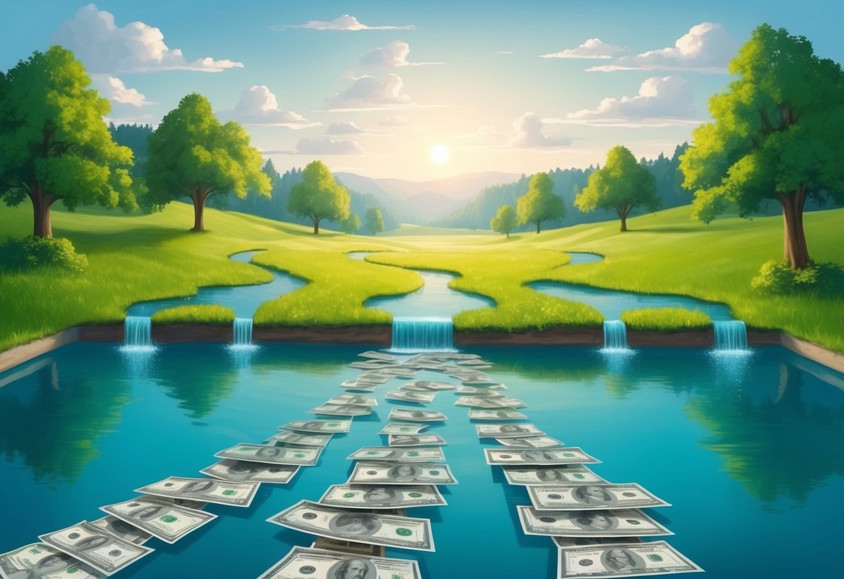 A serene, idyllic landscape with multiple streams of income flowing into a large pool, symbolizing the concept of passive income and tax strategies in financial planning