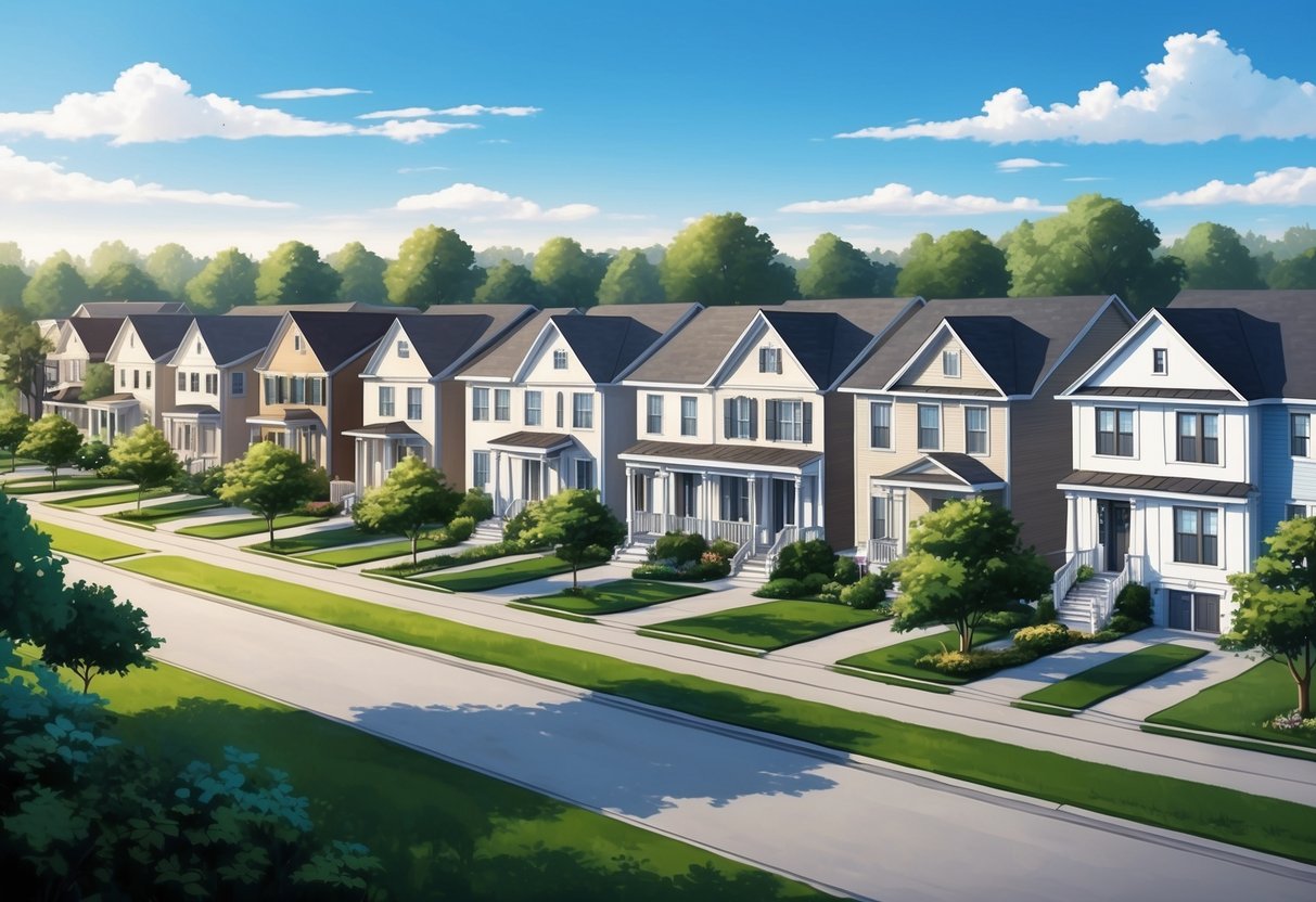 A serene suburban neighborhood with rows of well-maintained houses, a mix of traditional and modern architecture, surrounded by lush greenery and a clear blue sky