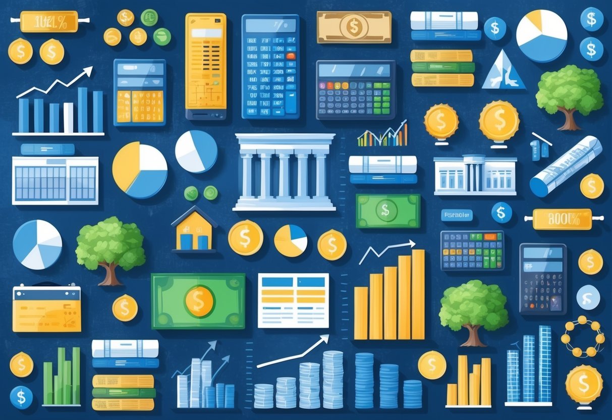 A diverse array of investment assets, such as stocks, bonds, real estate, and commodities, arranged in a balanced and organized manner
