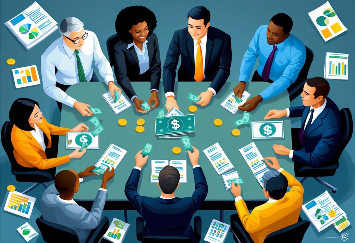 A diverse group of people gather around a table, exchanging money and documents. Charts and graphs are scattered around, showing investment opportunities