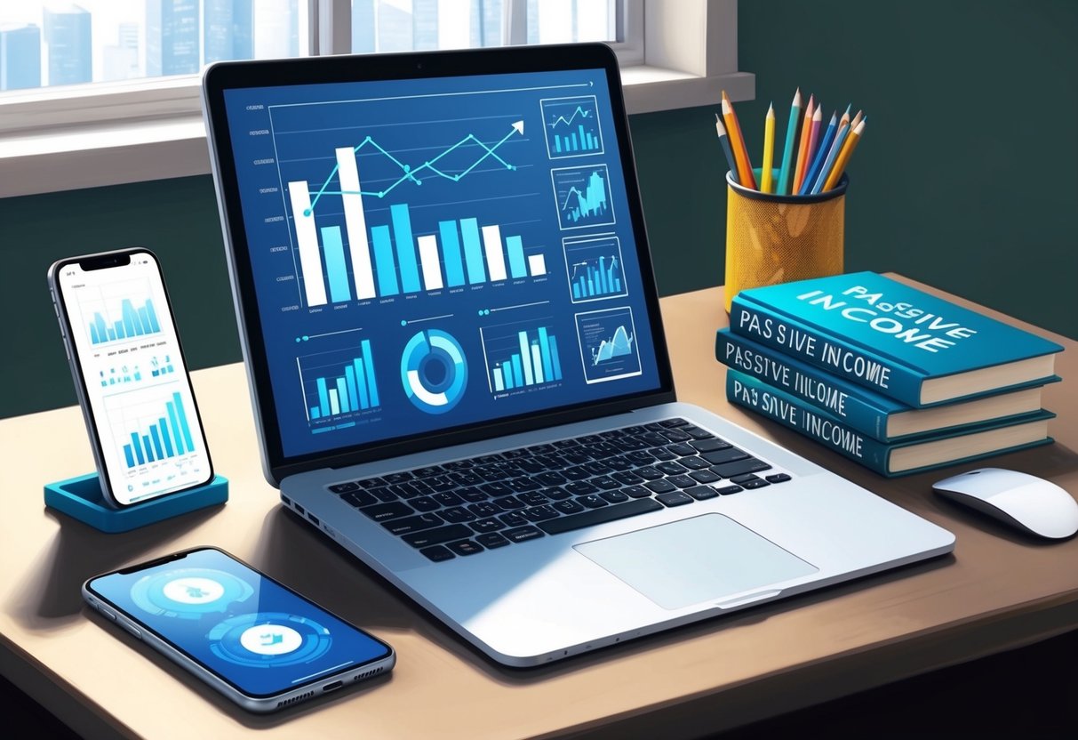 A laptop, tablet, and smartphone arranged on a desk, with digital charts and graphs displayed on their screens. A stack of books on passive income sits nearby