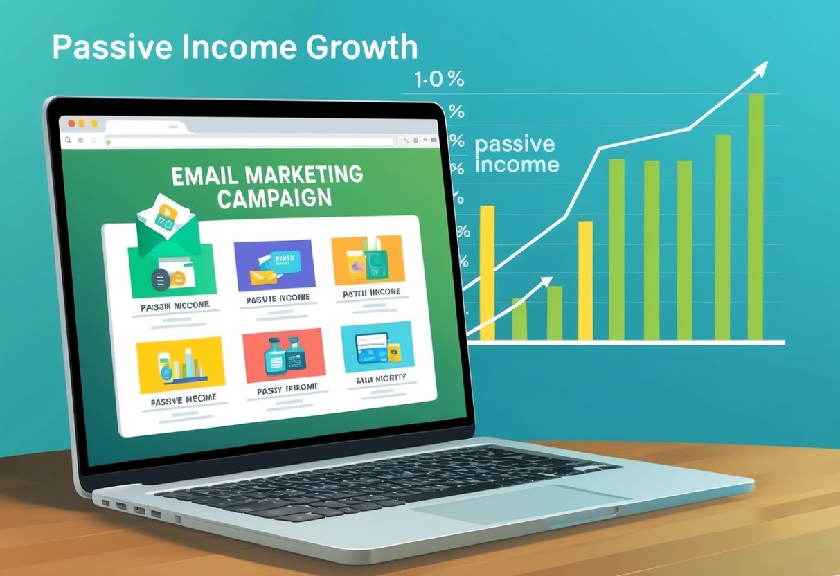 A laptop displaying an email marketing campaign with various product promotions. A graph showing passive income growth in the background