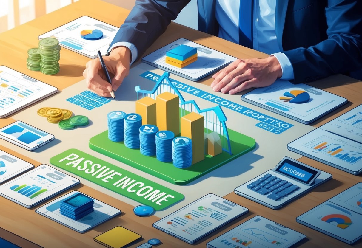 A table with various income-generating assets such as rental properties, stocks, bonds, and online businesses. A person is seen managing and diversifying their passive income portfolio