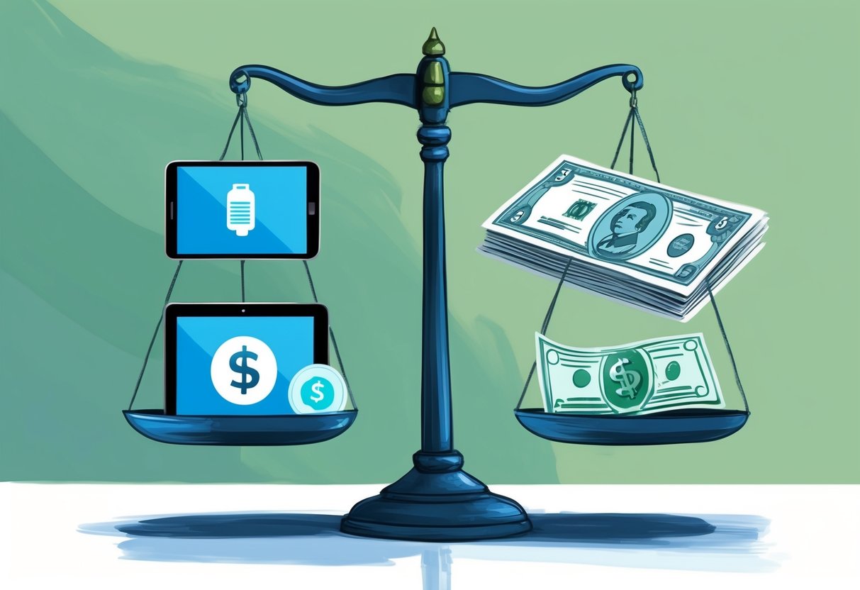 A scale with digital icons on one side and money on the other, with the icons outweighing the money