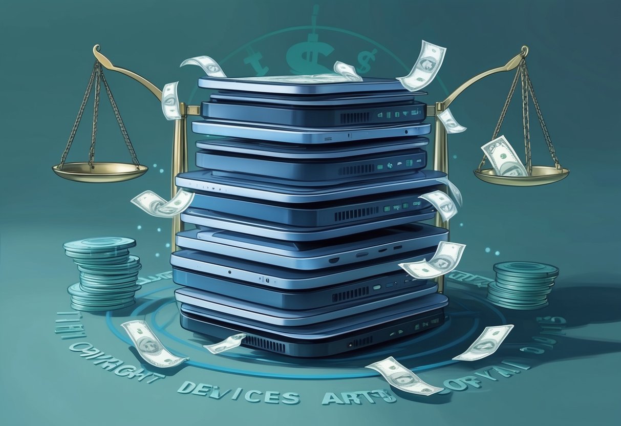 A stack of digital devices surrounded by copyright symbols and scales, with money flowing from one side to the other