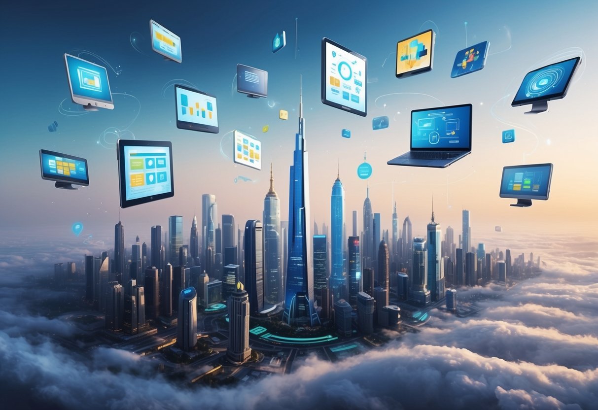 A futuristic city skyline with digital devices and symbols representing various forms of creative work floating in the air