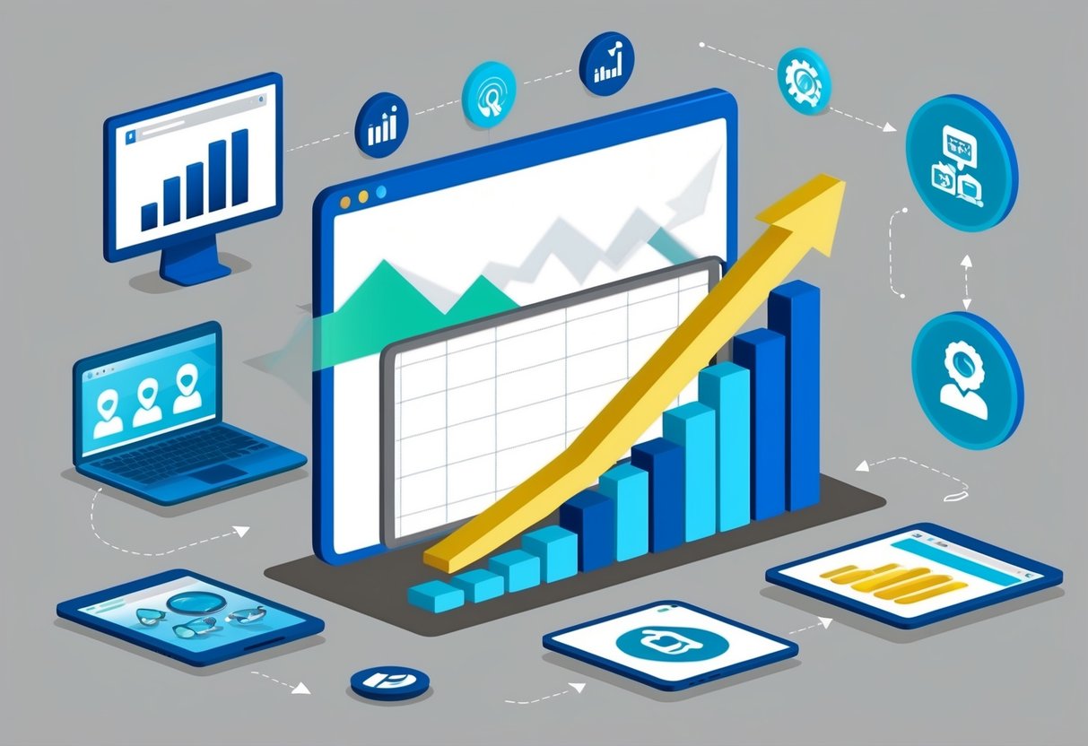 A digital platform with a graph showing increasing royalties, surrounded by marketing and distribution icons