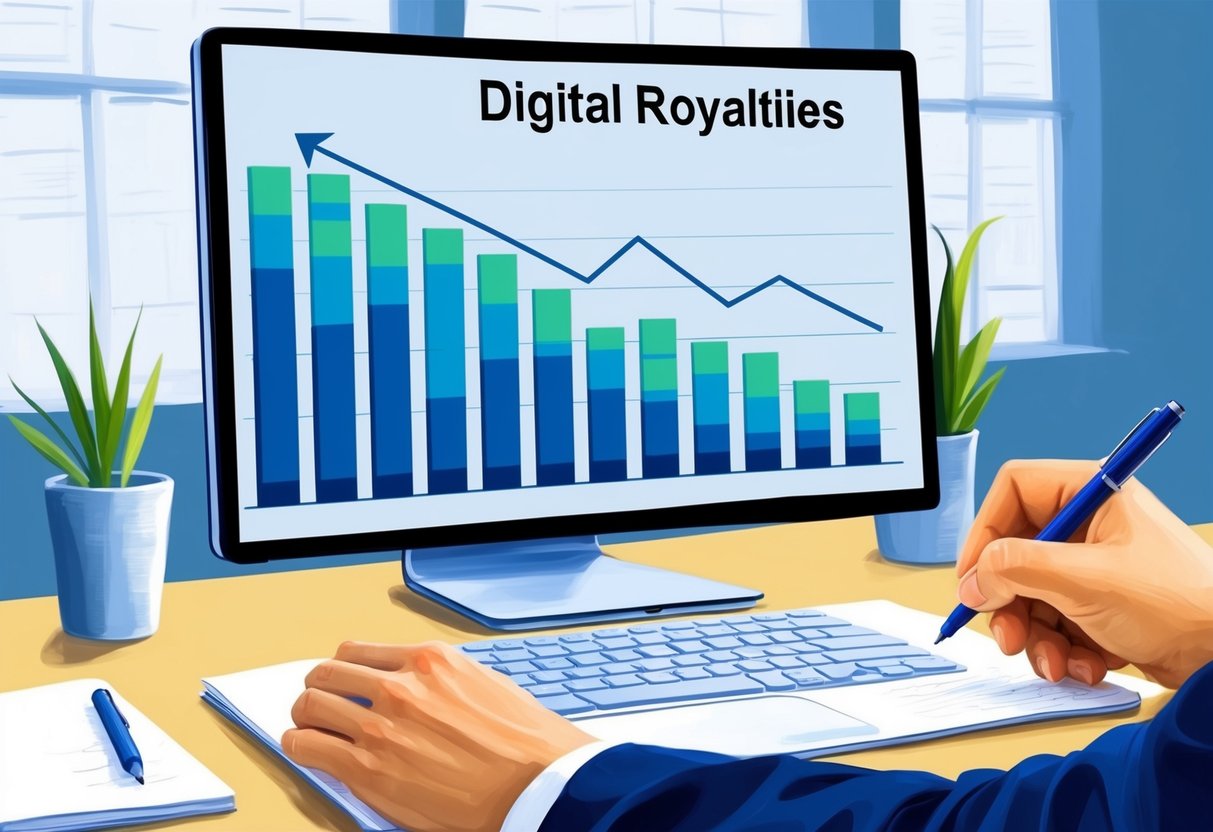 A computer screen displaying a graph with increasing bars representing digital royalties from various creative works. A hand reaching for a pen to take notes