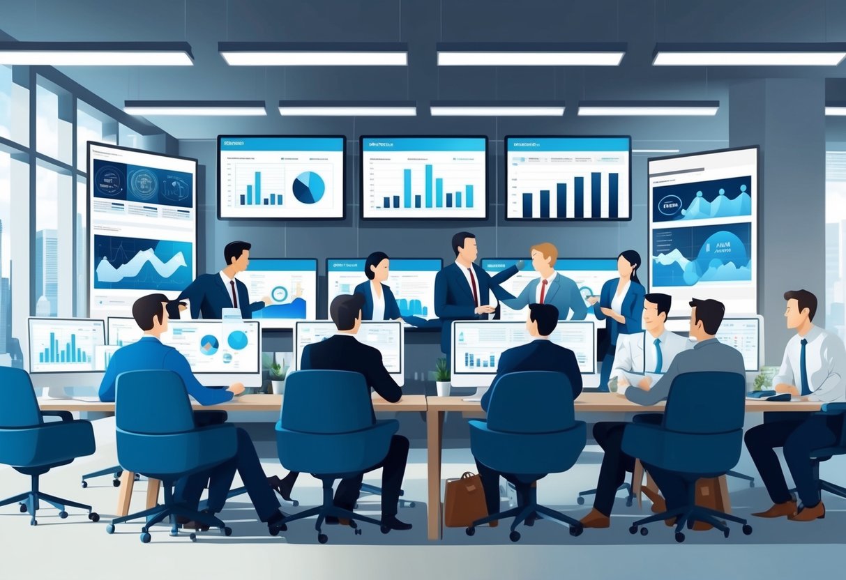 A modern office with multiple computer screens displaying data analytics and charts, while a team of professionals collaborate on strategies for scaling subscription-based services