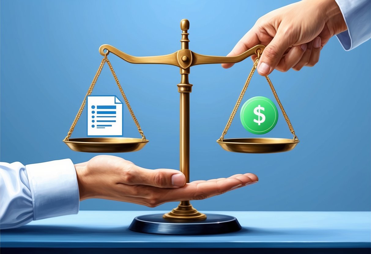 A digital artist's hand holding a scale, with one side weighed down by a creative work symbol and the other side lifting up with digital royalties