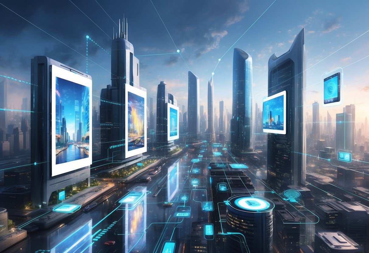 A futuristic cityscape with digital artwork displayed on large screens, while a network of interconnected devices and data streams hum with activity