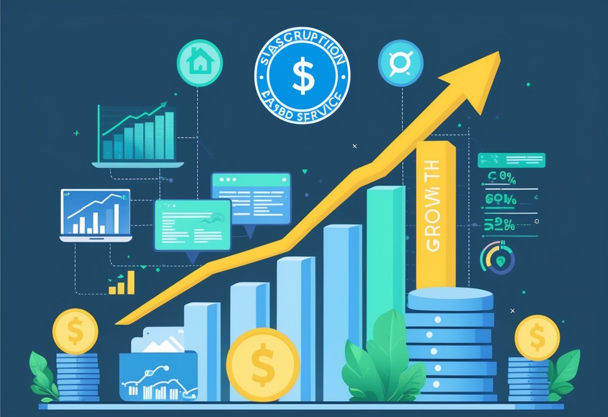 A graph displaying an upward trend, with a subscription-based service logo at the top, surrounded by various pricing strategies and growth indicators