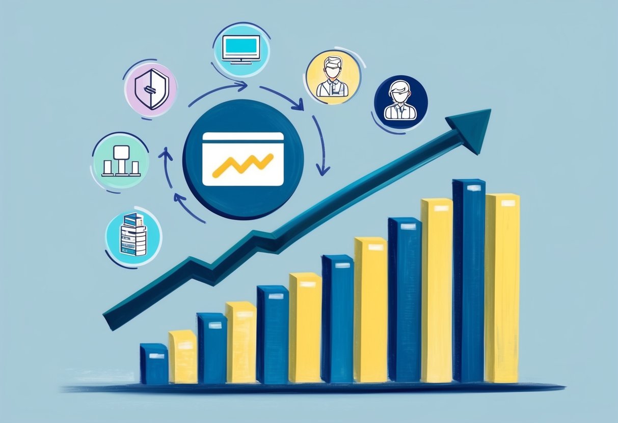 A graph showing a steady upward trend, with various arrows pointing towards a central subscription-based service icon, surrounded by smaller icons representing different customer acquisition and retention strategies