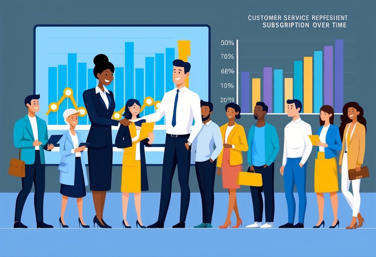 A customer service representative assisting a line of diverse customers with a smile, while a chart in the background shows subscription growth over time