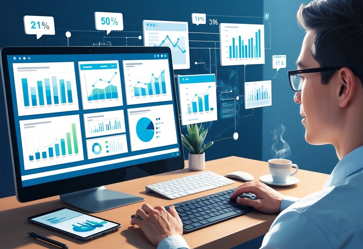 A computer screen displaying various charts and graphs, with a person analyzing the data and making strategic decisions for the growth of a subscription-based service