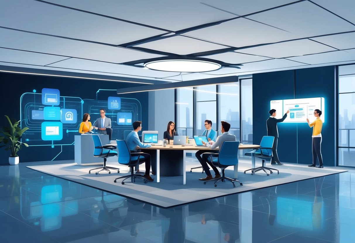A modern office space with a team collaborating on digital platforms, surrounded by innovative technology and adaptable workspaces