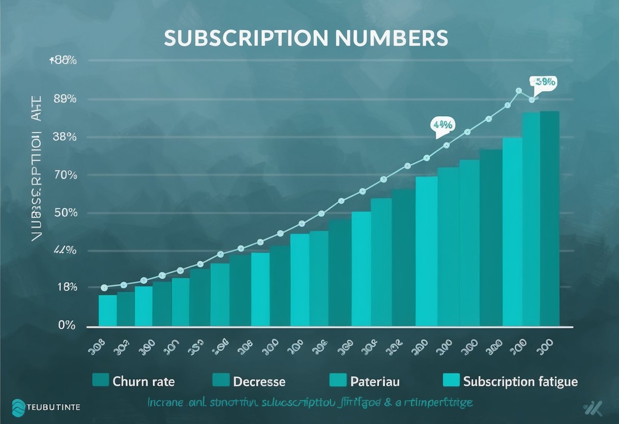 A line graph showing a steady increase in subscription numbers over time, with a decrease in churn rate, and a plateau in subscription fatigue