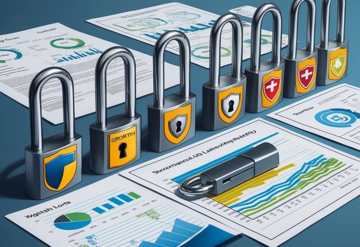 A row of interconnected locks with various security symbols, surrounded by regulatory documents and growth charts