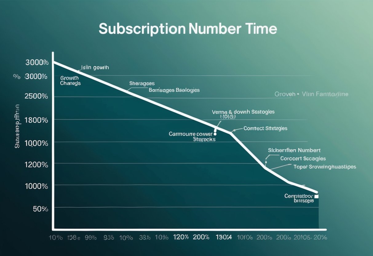 A chart showing a steady incline of subscription numbers over time, with various growth strategies branching off from the main line