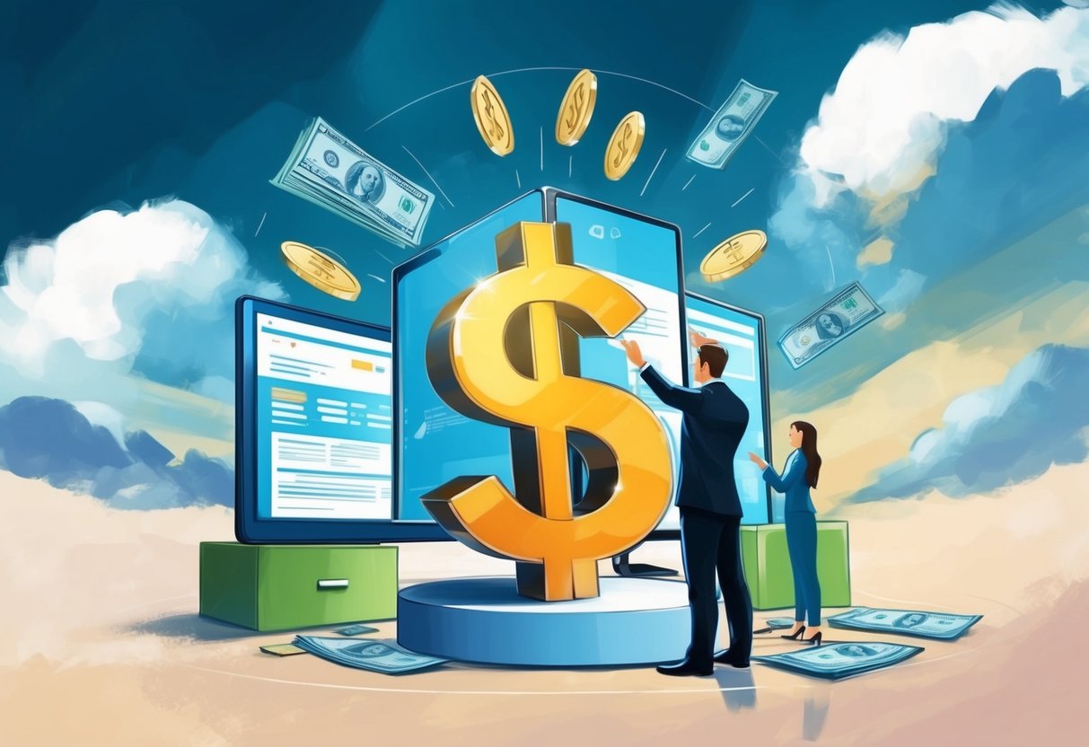 A digital product being licensed with a large dollar sign symbolizing expanding revenue