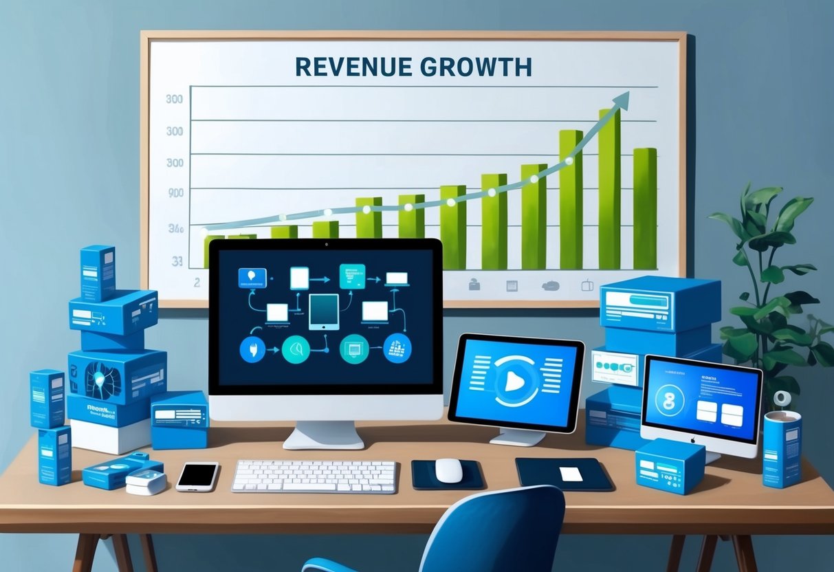 A desk with a computer, tablet, and smartphone surrounded by various digital products and software boxes. A chart showing revenue growth on the wall