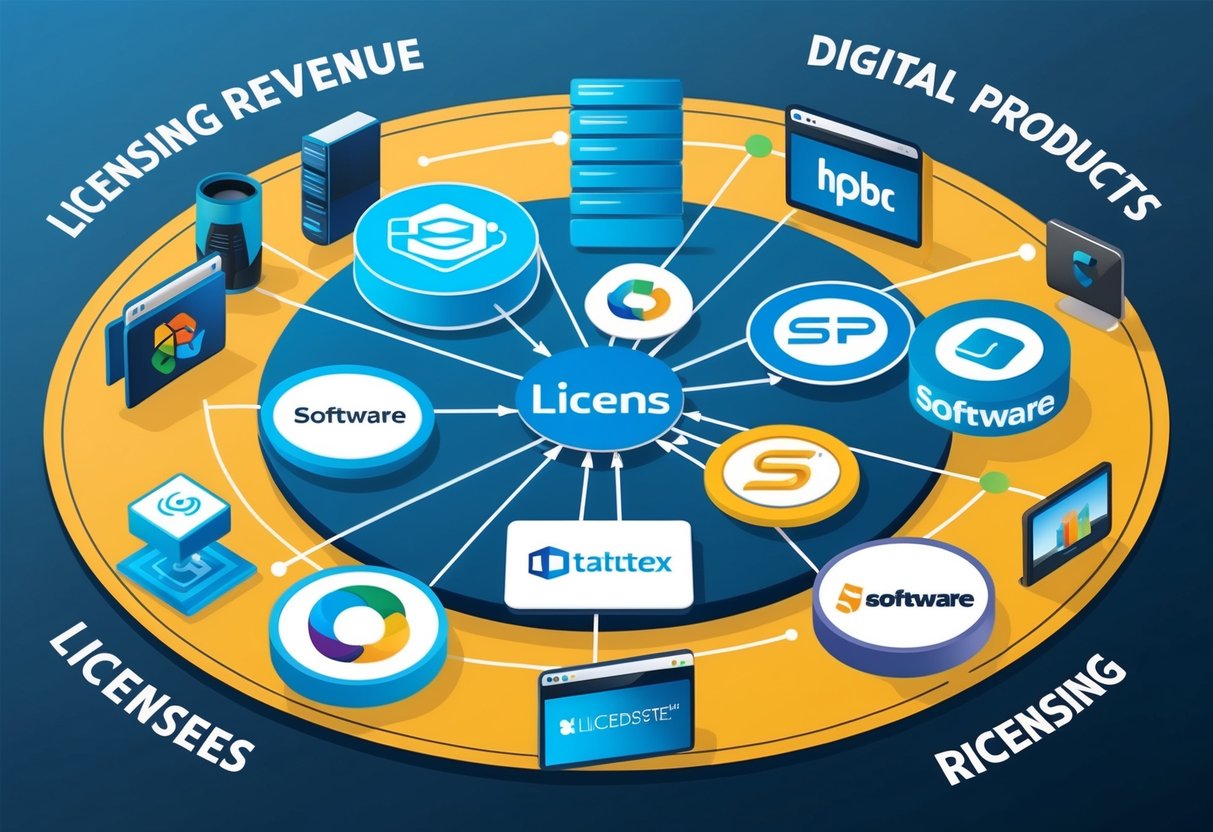 A group of digital products and software logos are surrounded by connecting lines, symbolizing the building of relationships with licensees and the expansion of licensing revenue