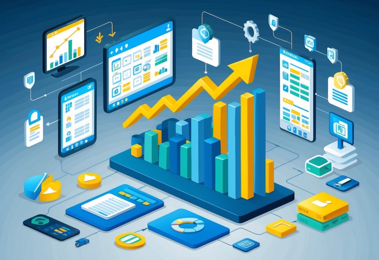 A digital product and software company's revenue graph steadily rising with arrows pointing upwards, surrounded by various license management tools and icons
