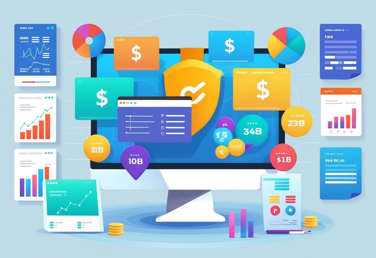 A digital product surrounded by various pricing models and revenue charts