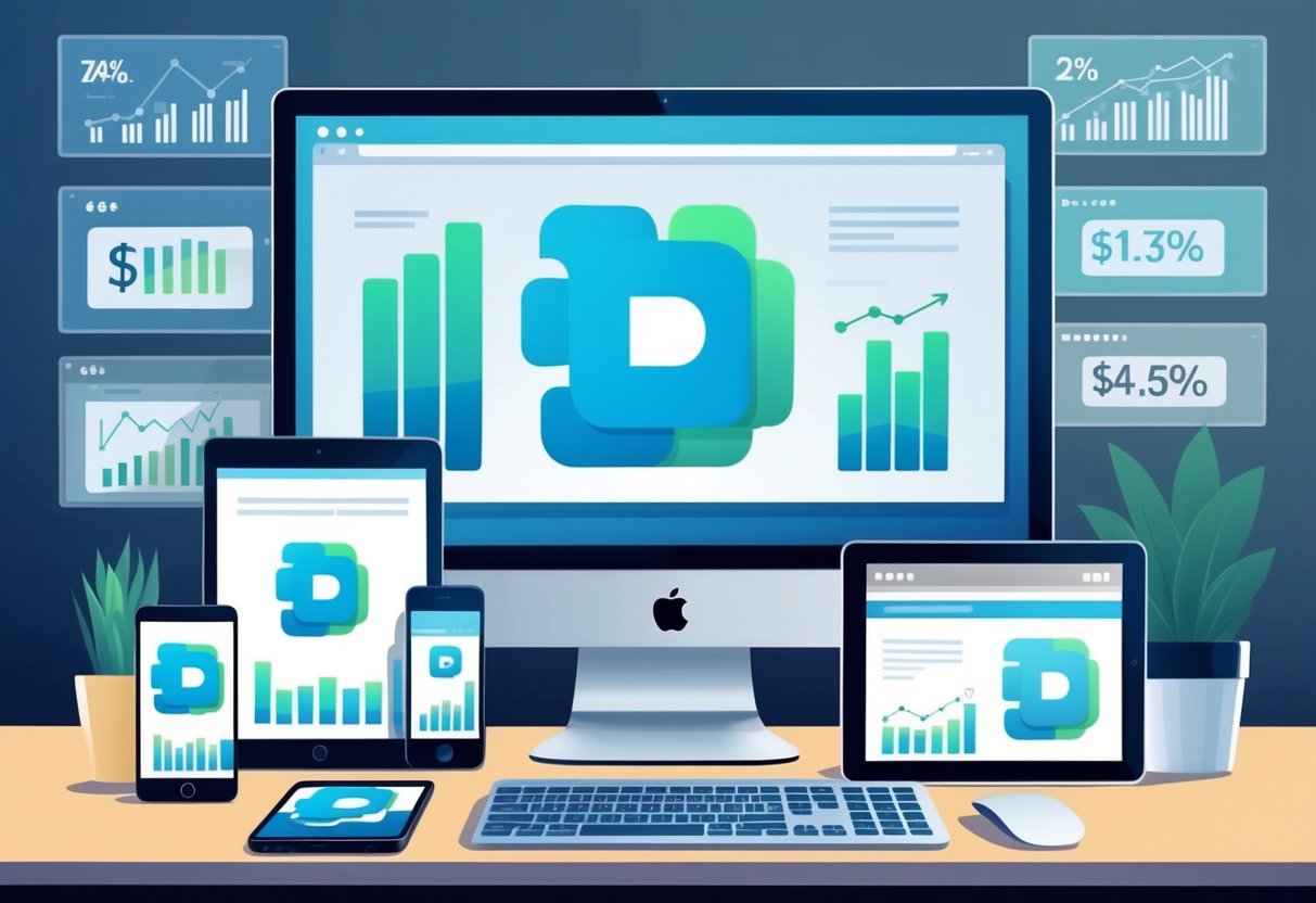 A digital product logo is displayed on various devices, including smartphones, tablets, and computers, with revenue charts and graphs in the background