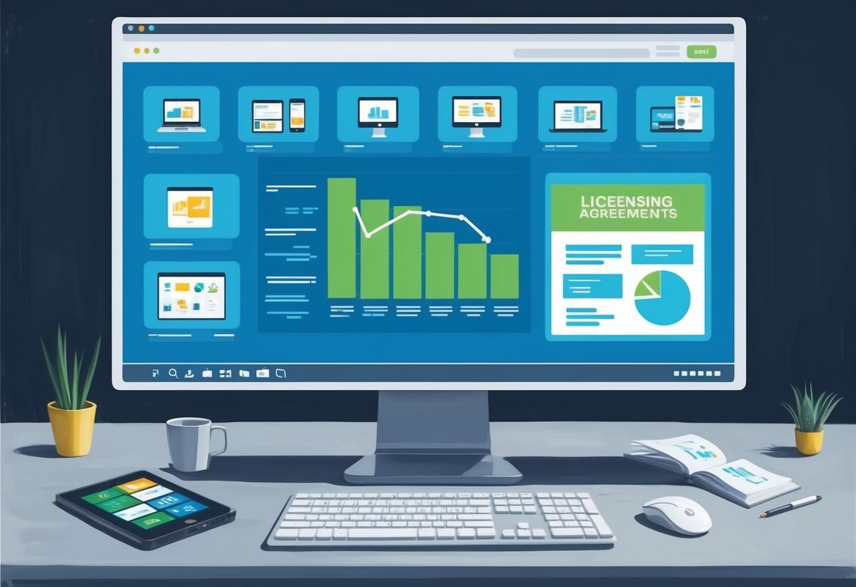 A computer screen displaying various digital products and software with a graph showing increasing revenue from licensing agreements