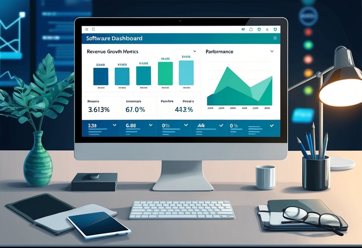 A digital dashboard displaying revenue growth charts and performance metrics for software and digital products