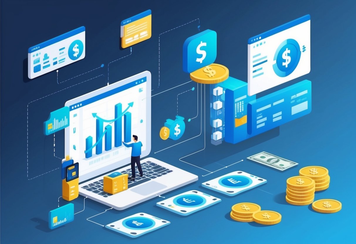 A digital product being licensed for use on multiple devices, with revenue flowing into a company's bank account