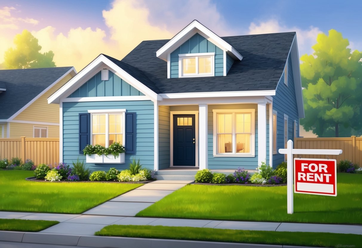 A cozy rental property with modern upgrades: fresh paint, new fixtures, and updated landscaping. A "For Rent" sign stands in the front yard