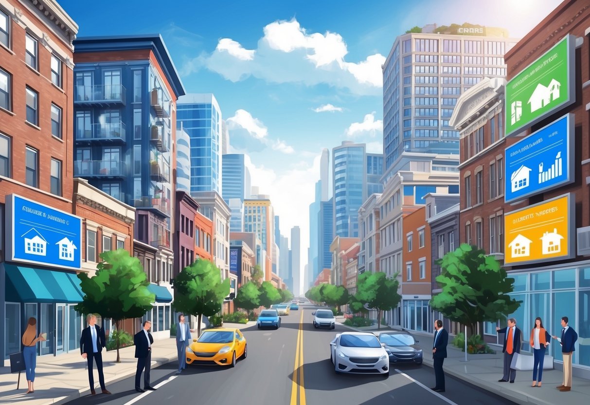 A bustling city street with various real estate properties, including apartments and commercial buildings. Economic indicators are displayed on billboards, and investors are discussing strategies to add value to rental properties