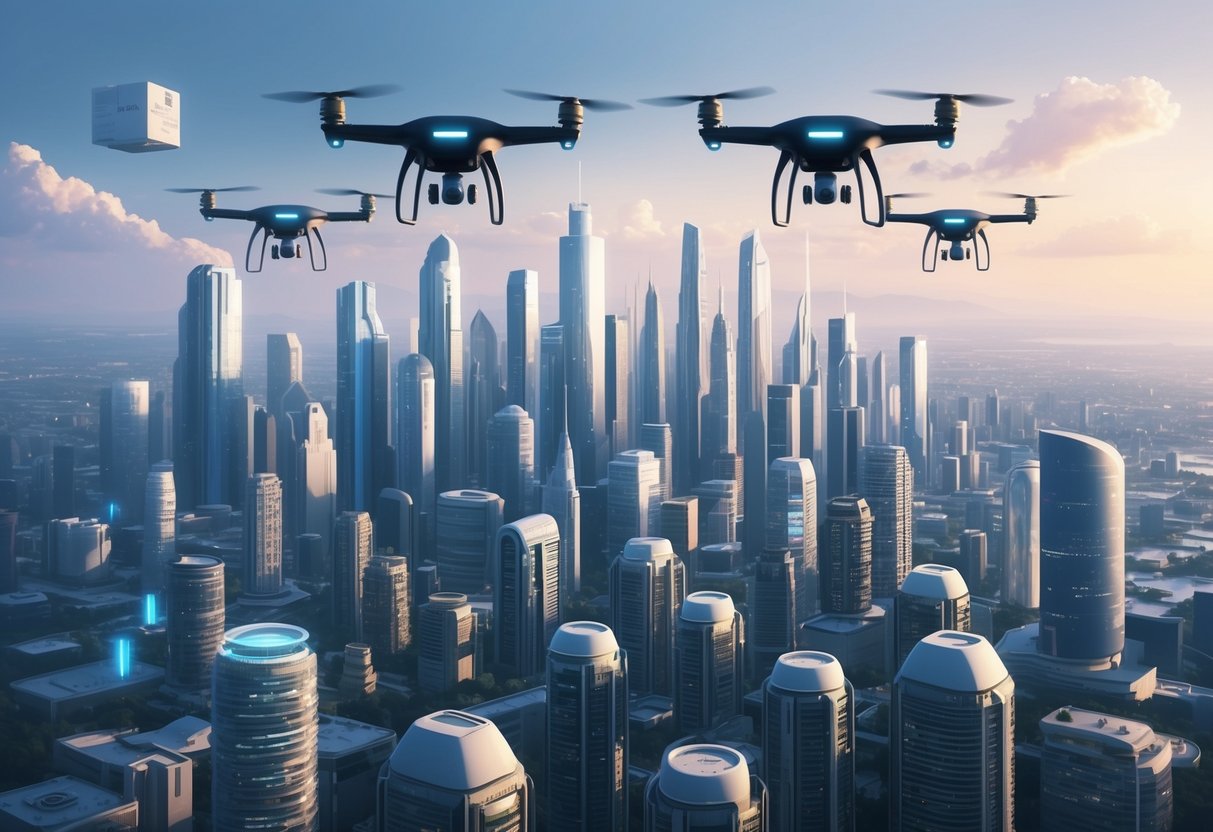 A futuristic city skyline with AI-powered drones delivering packages to automated homes and businesses