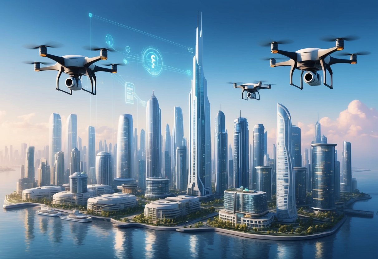 A futuristic city skyline with AI-powered drones delivering goods to automated rental properties, while smart investment algorithms analyze market trends