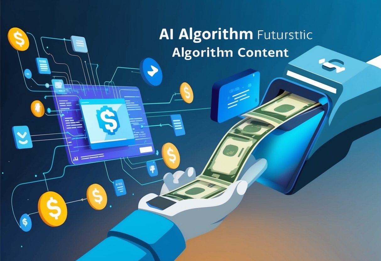 A futuristic AI algorithm generating content while a stream of income flows into a digital wallet