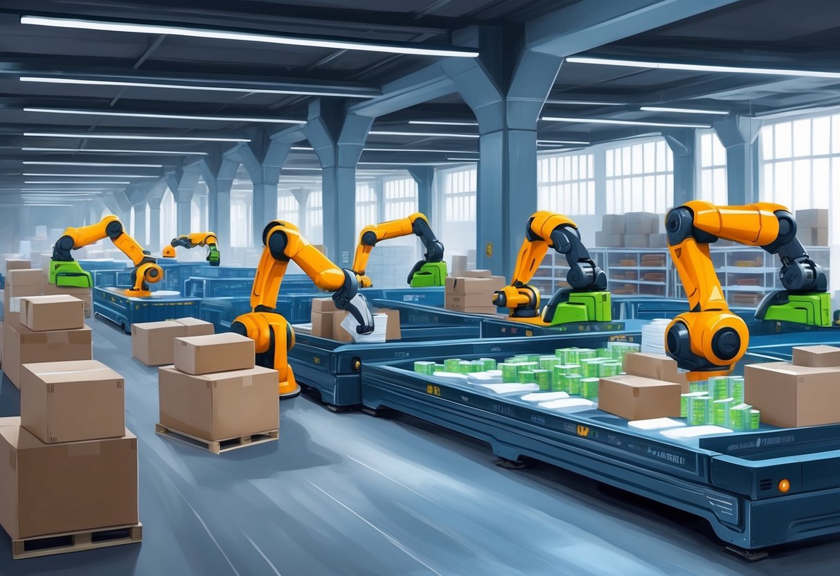 A futuristic warehouse with robotic arms sorting and packaging products for e-commerce and dropshipping