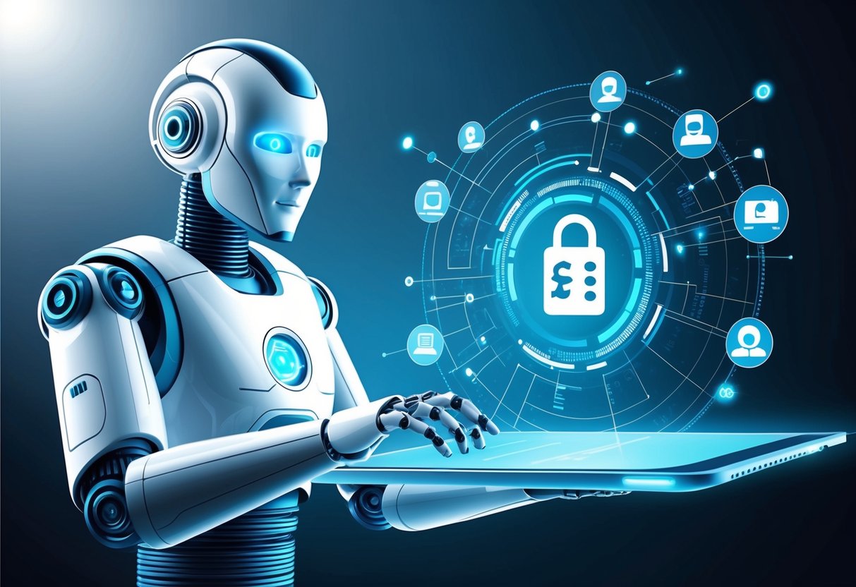 A futuristic robot analyzes data and generates affiliate marketing strategies, while a network of digital connections form a web of passive income opportunities