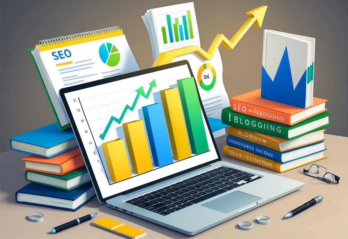 A laptop surrounded by books on SEO and blogging, with a graph showing increasing income