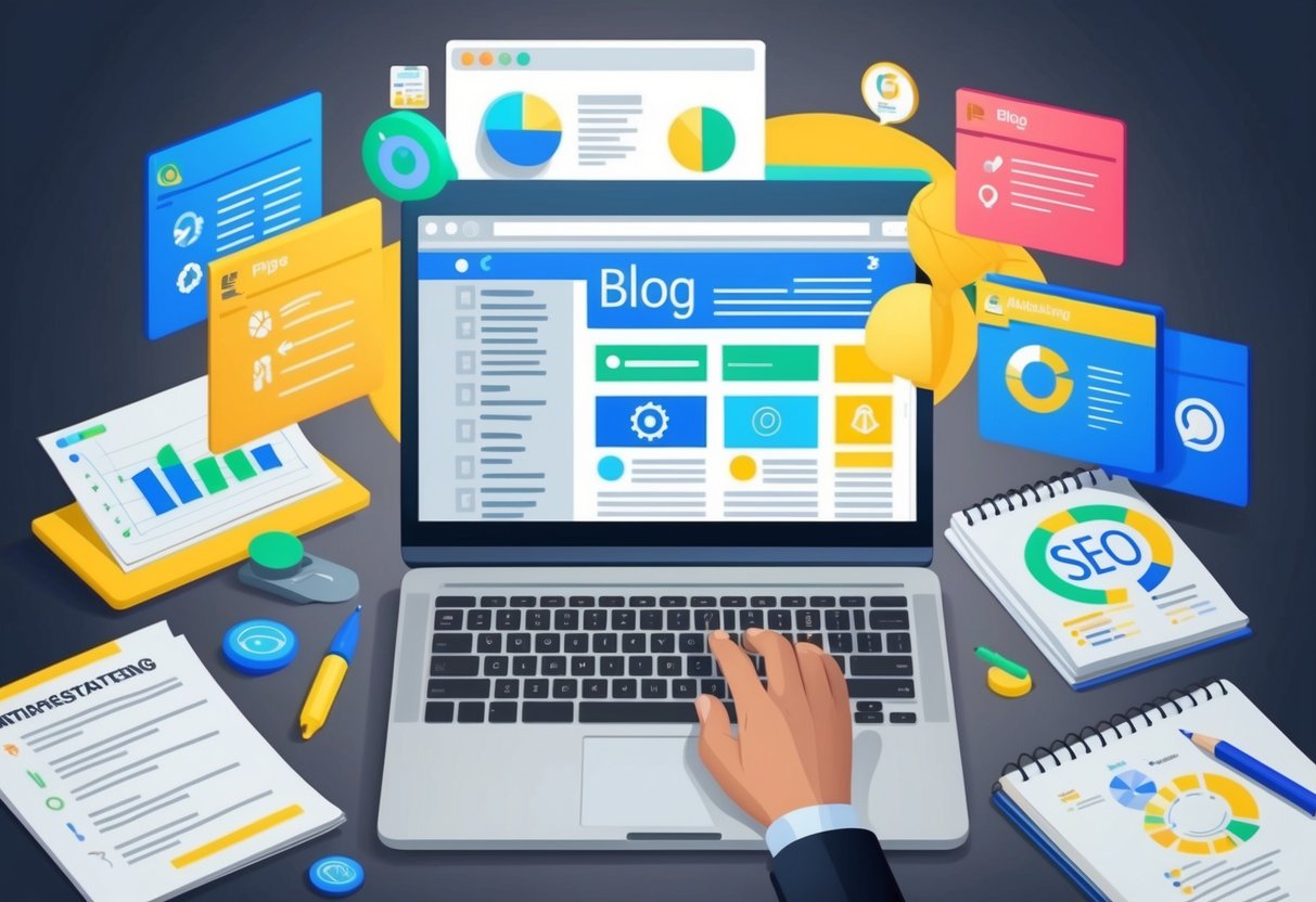A laptop displaying a blog post with various on-page elements being optimized, surrounded by affiliate marketing materials and SEO strategy notes