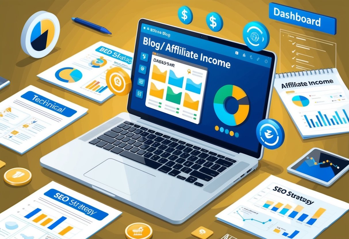 A laptop displaying a blog and affiliate income dashboard, surrounded by technical SEO and UX strategy notes and charts